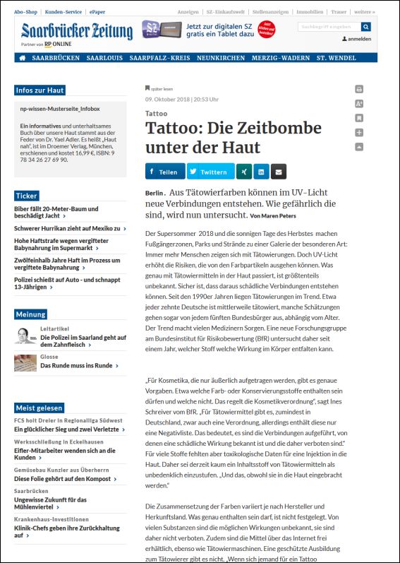 saarbruecker-zeitung.de | Tattoo: Die Zeitbombe unter der Haut | 09.10.2018